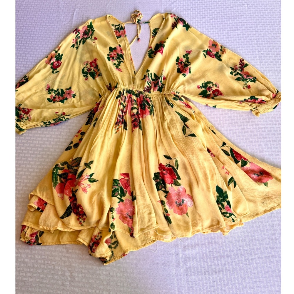 Willow & Root Yellow Floral Boho‎ Mini Dress Medium Balloon Sleeve Cottagecore